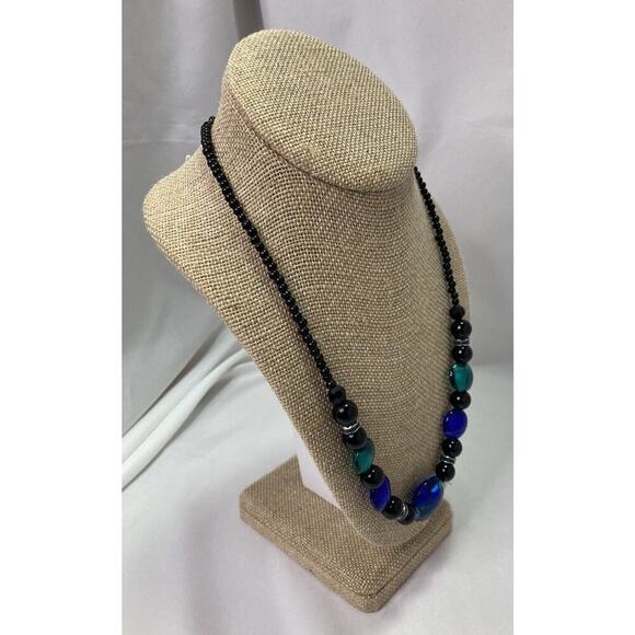 Vintage Lampwork Glass Beaded Necklace Blue Black 20” - 22” Adj. - Picture 3 of 7